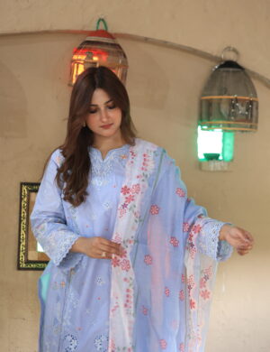 Serene Sky: Delicate Floral Embroidered Ensemble