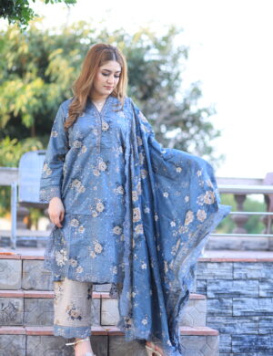 Azure Bloom: Floral Embroidered Lawn Suite